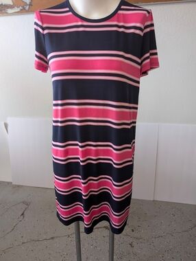 Michael Kors Striped Shift Dress in Navy  Pink Polyester Spandex Knees Length S